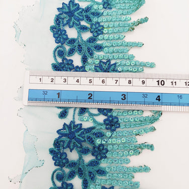Cyan Blue Net Scallop Lace Trim with Navy Blue Floral Embroidery And Blue Sequins, Sari Border, Embroidered Trim